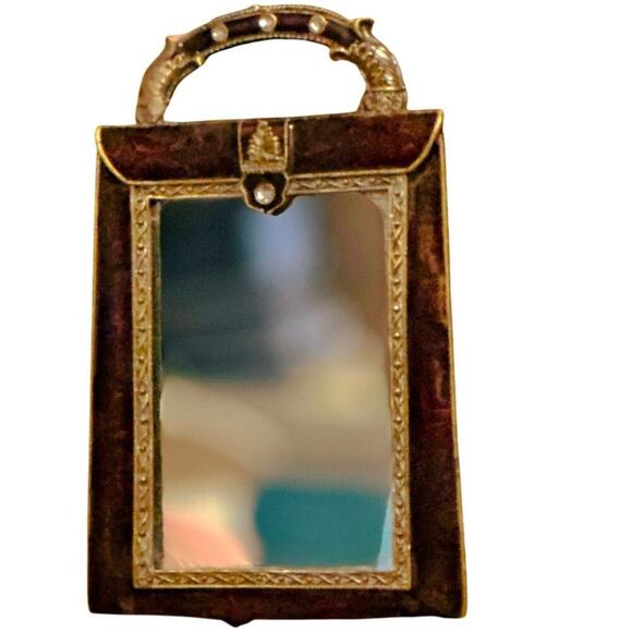 Vintage Handbag-Shaped Vanity Mirror – Ornate Enamel & Pearl Accents - Picture 1 of 3